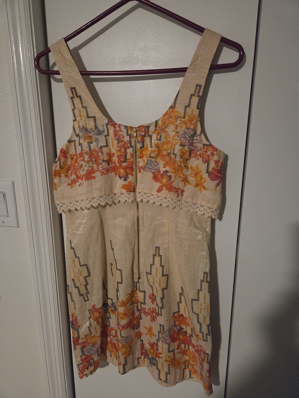 Free People Beige Linen Mini Dress with Orange & Pink Floral Embroidery NWOT! - Picture 10 of 10
